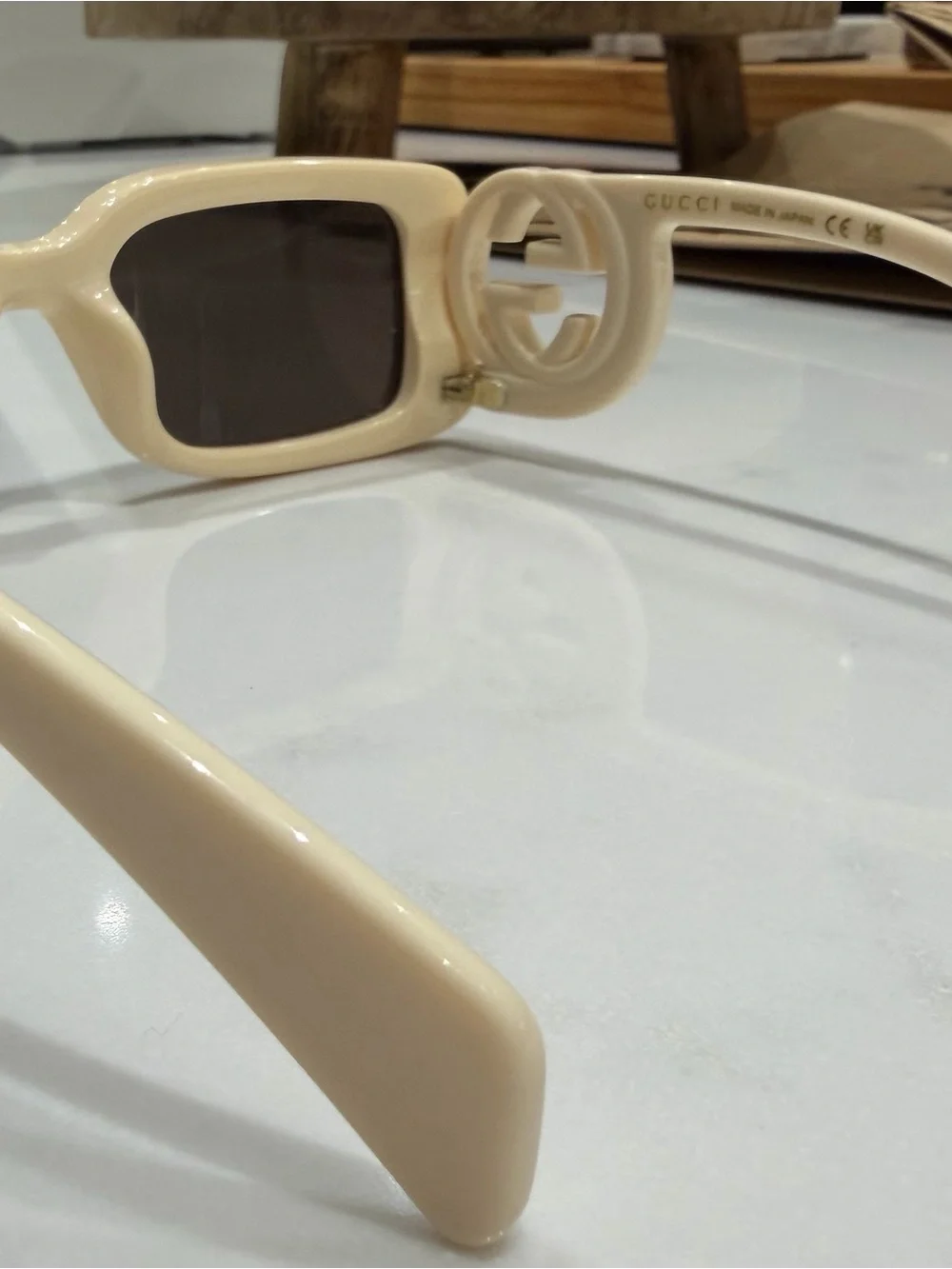 Gucci Cream Rectangular Sunglasses with Brown Lenses